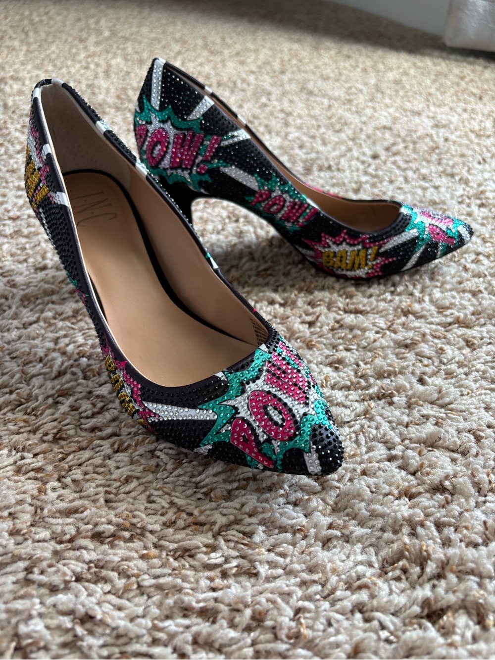 INC Embellished Comic Pop High Heels - Black Pink Teal
